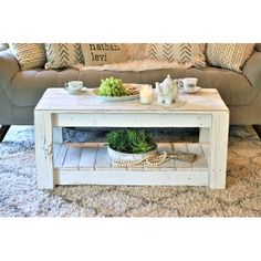 a coffee table with succulents on it in front of a couch