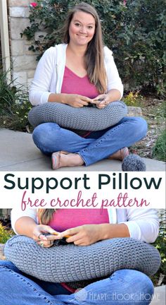 two women sitting on the ground with text overlay reading support pillow free crochet pattern