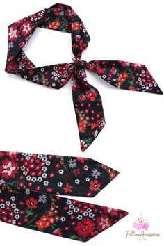 Black and red Skinny Scarf with orchid flowers print. Viscose and cotton. Floral Neck Scarf, Skinny Scarf Headband, Hair ribbon. Tie Short Hair, Black And Red Hair, Red Ponytail, Head Ribbon, Tie Flowers, Scarf Ponytail