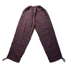 This pair has drawstring in the waist and at the pant legs have tying drawstring hems.These pants has brown, black, olive, beige Colors.These bohemian yoga boho hippie pants are loose, cozy, light weight. It was woven by Ecuadorian artisans using foot-treadle loom technique.Materials:75% cotton and 25% acrylic Measurements:Waist circumference: 44"Hip circumference: 50"Rise: 14"Inseam: 30"Total Length: 44"Thigh: 14"Leg opening: 9" Find more colors and patterns here:https://www.etsy.com/shop/Latin Comfortable Leisure Brown Bottoms, Comfortable Brown Leisure Bottoms, Brown Relaxed Fit Bottoms For Leisure, Brown Leisure Pants With Elastic Waistband, Brown Drawstring Bottoms For Loungewear, Brown Cotton Lounge Pants, Casual Brown Cotton Harem Pants, Brown Cotton Pants For Loungewear, Brown Cotton Loungewear Pants