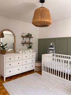 Baby green room. Neutral, wood floor. Ikea hemnes, sherwin williams evergreen fog, indian handmade rug. Easter Rolls, Green Baby Room, Ikea Nursery, Parade Ideas, Baby Nursery Inspiration, Easter Hat, Baby Room Neutral, Baby Room Themes, Baby Nursery Neutral