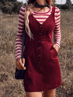 Burgundy Casual Collar Sleeveless Corduroy Plain Pinafore Embellished Non-Stretch  Women Clothing Corduroy Overall, Elegante Casual, Corduroy Dress, Vestidos Vintage, Mode Inspo, Dress For Short Women