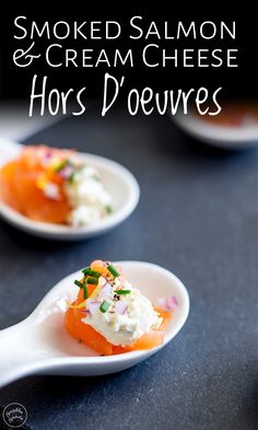 smoked salmon and cream cheese hors d'oeuvres on a spoon with text overlay