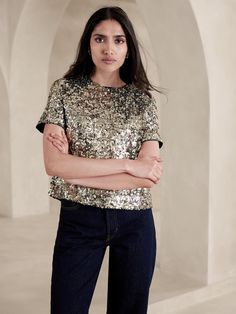 Alina Sequin Top | Banana Republic Sequence Top, Holiday Dressing, Silver Skirt, Simple T Shirt, Top Banana, Simple Tshirt, Sequin Fabric, Cut Tshirt, Tailored Shirts