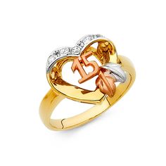 Rose Gold Anniversary Rings With Hallmark, Pretty Quinceanera Dresses, Cubic Zirconia Rings, Gold Heart, White Ring, Ring Size 7, Yellow Rose, Heart Of Gold, Quinceanera