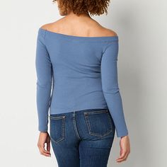 This a.n.a women�s off-the-shoulder top is a slinky stretchy style perfect to elevate jeans or pants. Made from a soft metallic knit, it has long sleeves and a square neckline.Fit: Regular FitSleeve Length: Long SleeveApparel Length: 18.5 InchesFiber Content: 60% Polyester, 20% Rayon, 14% Metallic, 6% SpandexFabric Description: Rib KnitCare: Machine Wash, Tumble DryBody Type: Athletic, HourglassCountry of Origin: Imported Blue Off-shoulder Top For Fall, Spring Stretch Off-shoulder Knit Top, Spring Off-shoulder Ribbed Top, Solid Off-shoulder Tops For Spring, Spring Ribbed Off-shoulder Tops, Ribbed Stretch Off-shoulder Top, Solid Off-shoulder Fitted Top, Stretch Ribbed Off-shoulder Top, Casual Off-shoulder Ribbed Top