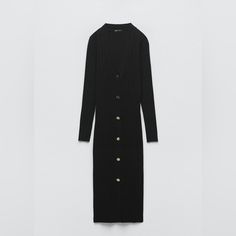 Long Sleeve V-Neck Midi Dress. Front Button Closure. Classic V-neck Midi Dress With Buttons, Winter V-neck Midi Dress With Button Closure, Black V-neck Dress With Button Closure, Classic Winter Midi Dress With Buttons, Black V-neck Dress With Buttons, Classic V-neck Dress With Buttons, Classic V-neck Winter Dress, Zara V-neck Dress With Button Closure, Fall V-neck Midi Dress With Button Closure