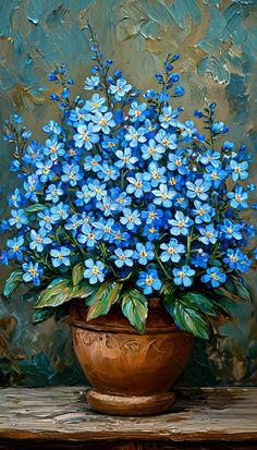 a painting of blue flowers in a brown vase