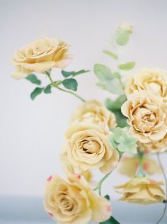 a vase filled with yellow roses on top of a table next to a white wall