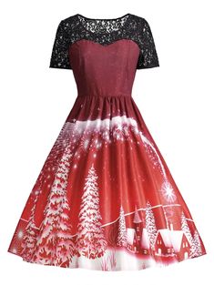 Print Lace Panel Vintage Party Dress - Dark Red - 3Y42595810 - Original Design-Women's Clothing  #OriginalDesignWomensClothing #Original #DesignWomen's #Clothing Vintage Christmas Dress, Vintage Party Dress, Lace Panel Dress, Vintage Party Dresses, Christmas Dress Women, Robes Vintage, Vestidos Vintage, Dress Crafts, Vintage Party