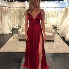 Formal Gowns Evening Dresses, Side Split Prom Dress, V Neck Prom Dress, Split Prom Dresses, Evening Dress Long, Prom Dresses Simple, Spaghetti Strap Prom Dress, Simple Prom Dress, V Neck Prom Dresses