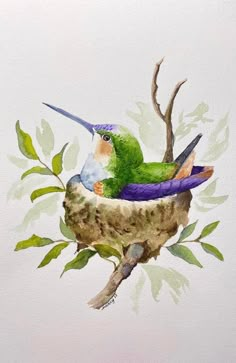 a painting of two birds sitting on top of a tree branch with leaves around them