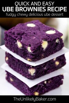 three purple brownies stacked on top of each other