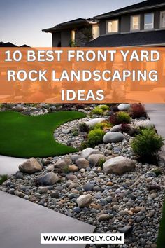 the front yard with rocks and grass is featured in this postcard for landscaping ideas