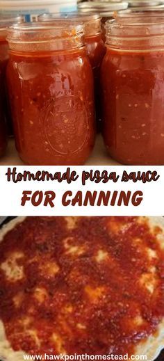 homemade pizza sauce for canning in jars on the stove top and bottom with text overlay that reads homemade pizza sauce for canning