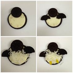 four different pictures of an animal made out of food