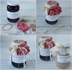 four different images of jams in jars with ribbons and labels on them, including one for each jar