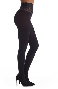 Feel your most irresistible in these opaque tights with a flirty lace waistband. Cotton-lined gusset Nylon/elastane Hand wash, dry flat Made in the USA of imported fabric Black Stretch Smoothing Hosiery, Black Smoothing Stretch Hosiery, Classic Full Length Stretch Hosiery, Elegant Fitted Elastane Hosiery, Classic Stretch Hosiery, Classic Stretch Hosiery In Elastane, Classic Fitted Full Length Legwear, Classic Full-length Fitted Legwear, Elegant Compression Tights In Solid Color