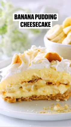 banana pudding cheesecake is cut in half on a plate