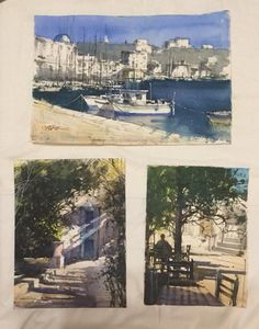 three pictures of boats on the water and trees in front of them, with buildings behind them