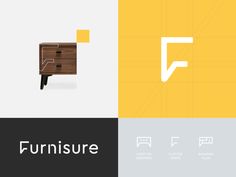 the logo for furniture is shown in three different colors and styles, including black, white, yellow, and grey