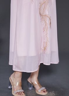 Organic Pink Embroidered Chiffon A Line Dress Bracelet SleeveFabric: Silk BlendedSize & Fit: Fit: This garment fits true to size.Length: Size M measures 46.8"from shoulder to hemBust: Great for any cup size. Waist: Loose Fit. Comfortable room throughout midsection.Hip: Loose Fit - room for hips. Hand Wash Cold. Feminine Embroidered Summer Dress For Party, Feminine Embroidered Summer Party Dress, Summer Georgette Dresses For Wedding Guests, Elegant Pink Embroidered Maxi Dress, Traditional Sheer Georgette Dress, Feminine Embroidered Summer Wedding Dress, Pink Embellished Embroidered Dress, Feminine Summer Wedding Embroidered Dress, Summer Embroidered Dress For Wedding Guest