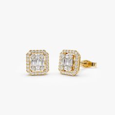 "Baguette and Round Diamond Earrings with Halo Setting in 14k Solid Gold / Diamond Studs  / 14kt Dainty Minimal Earrings Ferkos Fine Jewelry Features * Made to Order * Gold Kt: 14K (also available in 18K) * Available Gold Colors: Rose Gold, Yellow Gold, White Gold * Length & Width: 7 x 6.30 MM * Baguette Diamonds: 10 pcs  * Round  Diamonds: 44 pcs 0.90MM * Round  Diamonds: 8 pcs 1.15 MM * Total CTW: 0.38 * Diamond Color-Clarity: G Color VS /  SI Clarity * Ready to Ship in 1-2 Business Days **Sol Round Diamond Earrings, Diamond Earrings Studs Round, Gold Diamond Earrings Studs, Gold Diamond Studs, Round Diamond Setting, Minimal Earrings, Baguette Diamonds, Halo Setting, Gold Colors