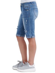 Perfect for the sunshine, these great-fitting "Ab"solution® Bermuda shorts give that desired worn-in look with a faded mid-blue vintage-inspired wash, whiskering, and destroyed details. Constructed with an added booty-lift fit, a hidden no-gap elastic waistband to prevent gapping, and interior power mesh panels to smooth your tummy. Mid blue vintage wash 2% spandex Whiskering, hand sanding, and destruction details Zipper front with button closure Six-pocket styling Hidden no-gap elastic waistban Casual Medium Wash Mid-thigh Jeans, Medium Wash Mid-thigh Denim Jean Shorts, Medium Wash Denim Jean Shorts Mid-thigh Length, Casual Medium Wash Mid-thigh Bermuda Shorts, Casual Distressed Denim Bermuda Shorts, Casual Denim Bermuda Shorts Distressed, Distressed Bermuda Shorts, Perfect Live, Bermuda Short