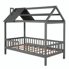 a gray bunk bed with a wooden roof