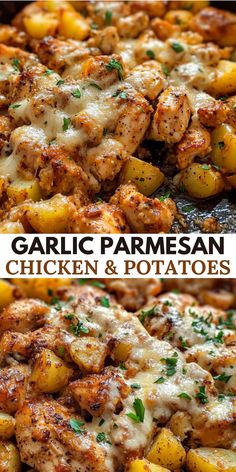 This Garlic Parmesan Chicken and Potatoes recipe is a one-pan dinner marvel, combining tender chicken with crispy, flavorful potatoes in just 45 minutes.  Seasoned with garlic, Parmesan, and Italian spices, this dish offers a satisfying, fuss-free meal for busy weeknights. It’s customizable, family-friendly, and easy to store, making it a go-to choice for delicious home cooking. Good Family Dinners Recipes, Baked Chicken Dinner Recipes For Family, Dinner Recipes With Potatoes And Chicken, Chicken And Potato Dinner Ideas, Chicken With Roasted Potatoes Dinners, 1 Sheet Pan Meals Chicken, Italian Seasoning Chicken Recipes, One Pan Roasted Chicken And Potatoes, Sheet Pan Parmesan Chicken