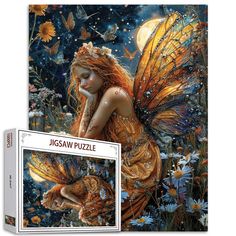 a jigsaw puzzle box with a painting of a fairy sitting on the ground