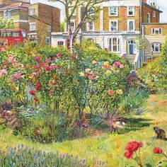 a painting of a garden with flowers and buildings in the background