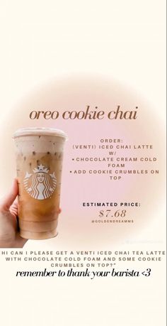 a hand holding up a cup of coffee with the words order cookie chai on it