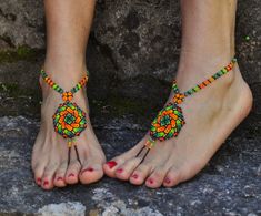 This listing is for a PAIR of beautiful and UNIQUE barefoot sandals handmade in the HUICHOL style. Made of high quality Japanese myuki seed beads and extra strong nylon thread. They make a beautiful combination with the leather sandals (pictures 4,7 and 10) also available in my shop. These sandals are very resistant and suitable for many environments. They will embellish your feet and you can wear it with sandals in a variety of styles from work to casual to evening attire. Beautiful to wear on Traditional Beaded Toe Ring Anklets, Bohemian Multicolor Anklets With Colorful Beads, Bohemian Multicolor Beaded Anklets, Traditional Summer Beaded Jewelry, Traditional Handmade Toe Ring Barefoot Sandals, Multicolor Beaded Anklets For Festivals, Handmade Bohemian Anklets For Festivals, Bohemian Handmade Anklets For Festivals, Bohemian Beaded Toe Ring Jewelry