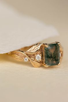 Emerald cut moss agate engagement ring, gold nature themed ring diamonds / Clematis - Eden Garden Jewelry™ Men’s Emerald Engagement Rings, Engagement Ring Gold, Ethical Engagement Ring, Nature Inspired Engagement Ring, Green Gemstone Ring, Leaf Engagement Ring, Alternative Engagement Ring, Dream Venue