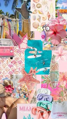 a collage of pink, blue and white items including shoes, sunglasses, hair clips, flowers, and other things