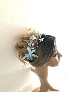 Blue Hair Piece, Cinderella Quince, Soft Blue Wedding, Regency Core, Pastel Blue Hair, Blue Wedding Hair, Quinceanera Hairstyles, Prom 2024, Ball Hairstyles