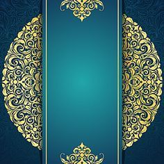 a blue and gold background with an ornate design on the bottom right corner, surrounded by intricate filigrees