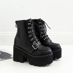 Back Zip up Chunky Heel Black Lace up Boots on Storenvy Bee Costumes, Weird Clothing, Black Platform Ankle Boots, Alt Shoes, Platform Boots Black, Round Toe Boots, Gothic Boots, Solid Socks, Black Lace Up Boots