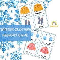 winter clothes memory game for toddlers with snowflakes in the background and text