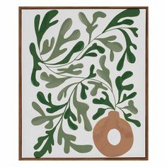 a painting with green leaves and a brown object in the center on a white background