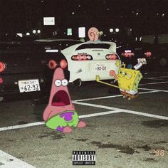 spongebob and patrick in the parking lot next to a car with another character on it