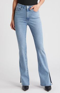 Inspired by London street style, these high-waist jeans feature soft stretch denim and split, kicked-out bootcut hems to balance the curve-hugging fit. 33" inseam; 18" leg opening; 10 1/2" front rise Zip fly with button closure Five-pocket style 90% cotton, 6% elastomultiester, 4% elastane Machine wash, dry flat Imported Trendy Spring Flare Jeans With Elastane, Spring Trendy Flare Jeans With Elastane, High Rise Flare Jeans For Spring, Hem Bootcut Jeans, London Street Style, London Street, Waist Jeans, Nordstrom Store, Split Hem