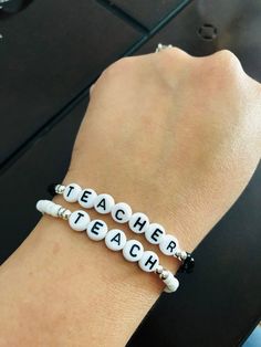 *This teacher bracelet would make a great gift for your child's teacher.* *Comes in two colors to choose from: black or white.* Teacher Bracelet, Boys Bracelets, Corpus Christi Tx, Wood Bracelet, Teachers Day, Gift For Teacher, Name Bracelet, Pony Beads, Best Teacher