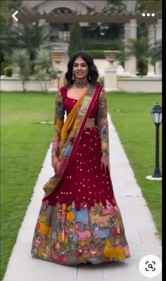 Red Saree For Karva Chauth, Kalamkari Half Saree Lehenga, Pen Kalamkari Lehangas, Kalamkari Half Saree Designs, Kalamkari Lehenga Designs, Kalamkari Half Saree, Silk Kalamkari Sarees, Kalamkari Lehenga, Ruffled Saree