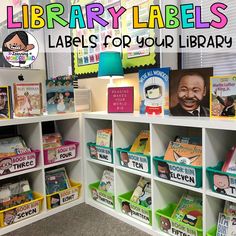 there are many library labels on the shelves for children to use in their bookshelves