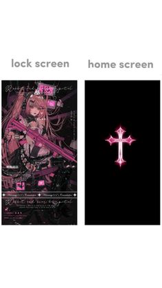 two pictures with the words lock screen, home screen and pink cross on them in different languages