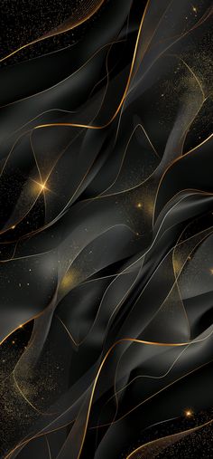 an abstract black and gold wallpaper with stars in the sky on it's side