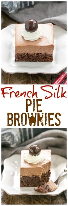 french silk pie brownies on a white plate