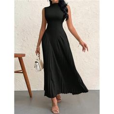 Experience Effortless Sophistication With This Black A-Line Dress. Its High Waist And Pleated Hem Create A Beautifully Elongated Silhouette, While The Sleek Stand Collar Adds A Modern Touch. The Sleeveless, Slim-Fit Design, Crafted From High-Stretch Fabric, Hugs Your Curves With Both Comfort And Style. Perfect For Making A Stunning Impression, This Long, Elegant Dress Will Quickly Become Your Go-To Choice For Any Occasion. A Line Silhouette Dress, Long Elegant Dress, Aline Dress, Elegant Dress, Guest Dresses, Stand Collar, A Line Dress, Stretch Fabric, Colorful Dresses